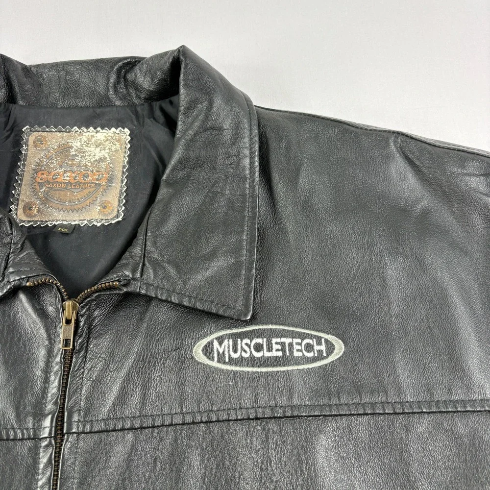 Vintage Saxon Leather Jacket‎ Mens 3XL Black Full Zip Bike Motorcyle Embroidered